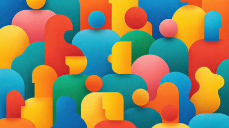 This vibrant abstract illustration features colorful silhouettes of people in various shapes. Ideal for creative projects, marketing materials, and modern design needs.の素材