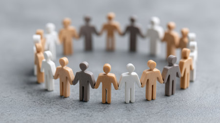 Miniature figures of varied colors join hands in a circle, symbolizing unity and cooperation. This image captures the essence of community and togetherness in a modern context.の素材