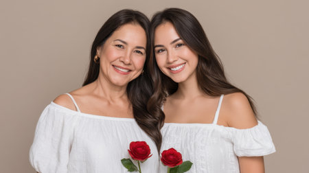 Celebrate the special bond between a mother and daughter with this heartwarming portrait capturing their joyful smiles and love, surrounded by beautiful red roses.の素材