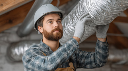 A focused worker in a hard hat is adjusting metal ducting in a home construction site, highlighting the importance of proper HVAC installation and skilled craftsmanship.の素材