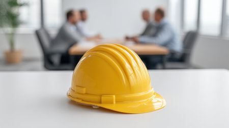A bright yellow hard hat rests on a table, symbolizing safety and focus, while a group of professionals engages in a collaborative meeting in the background.の素材