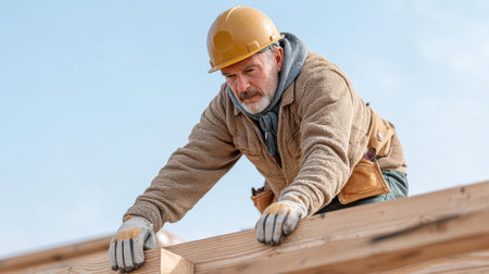A dedicated construction worker in a hard hat meticulously fits wooden frames while ensuring safety on a home building project under a clear blue sky.の素材