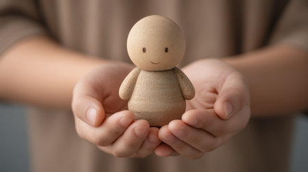 A pair of gentle hands cradles a simple wooden figure, expressing warmth and care. This image evokes feelings of childhood innocence and creativity, inviting reflection and connection.の素材