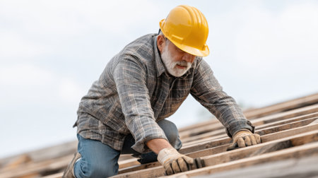 A dedicated senior worker is seen carefully installing wooden roofing materials on a construction site while wearing a safety helmet, ensuring quality and safety.の素材