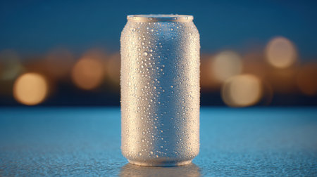 A solitary beverage can covered in dew droplets showcases a refreshing drink, set against a beautiful blurred city backdrop at night, ideal for summer promotions.の素材