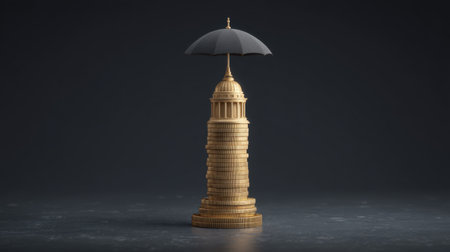 This 3D rendering features a golden tower with a small black umbrella atop it, symbolizing protection. The artwork presents a unique blend of creativity and modern design.の素材