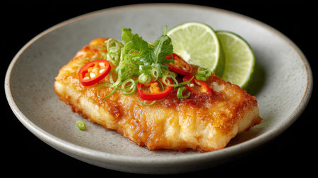 A delicious pan-seared fish fillet served with fresh lime wedges, garnished with sliced chilies and spring onions, ideal for culinary presentations or menu designs.の素材