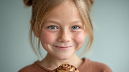 A joyful young girl with blue eyes smiles widely while holding a cinnamon roll, radiating happiness and innocence. The light background emphasizes her cheerful expression.の素材