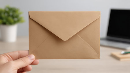 A hand holds a closed brown envelope against a soft-focused desk and laptop background, symbolizing communication and organization in a modern workspace setting.の素材
