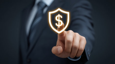 Professional businessman in a suit gestures towards a dollar sign surrounded by a shield, illustrating the concept of financial security and protection in business.の素材