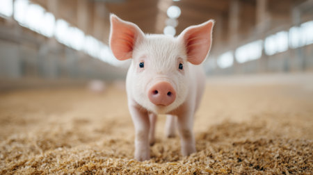 A charming young piglet stands in a warm barn, surrounded by soft straw, embodying the essence of farm life and the innocence of young animals in rural settings.の素材
