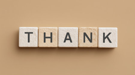 A charming arrangement of wooden blocks spelling the word "Thank," set against a soft beige background, perfect for conveying appreciation and positive sentiments.の素材