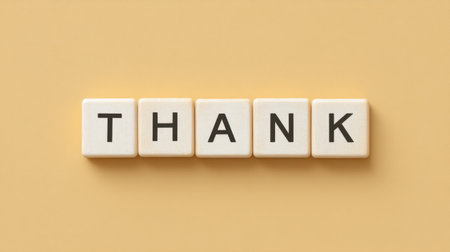 Minimalistic arrangement of wooden letter blocks spelling out "THANK" on a soft neutral background, perfect for themes of gratitude and appreciation in various design contexts.の素材