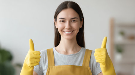 A cheerful woman dressed in a casual outfit with yellow gloves gives a thumbs up in a bright indoor setting, conveying positivity and motivation during a cleaning task.の素材