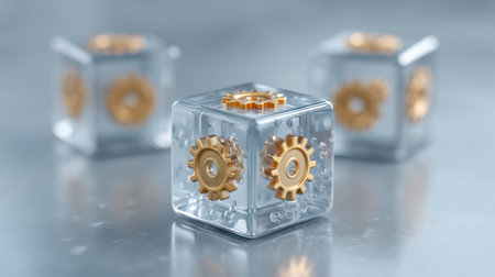 This image features transparent cubes containing intricate golden gears, representing themes of innovation and technology in a sleek, modern setting.の素材