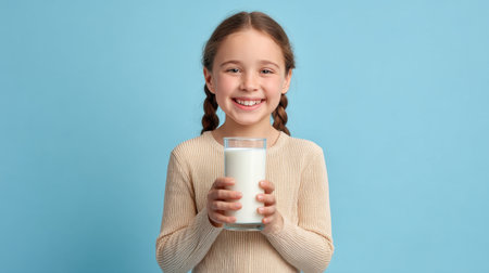 A cheerful girl with pigtails smiles brightly while holding a glass of milk. The blue background enhances the joyful moment, showcasing health and happiness in childhood.の素材