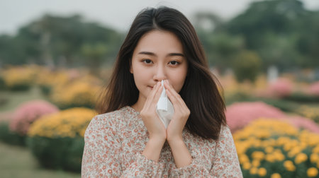 A young woman stands in a flower garden holding a tissue, reflecting on her allergy symptoms. The vibrant flowers create a serene atmosphere, highlighting nature's beauty.の素材