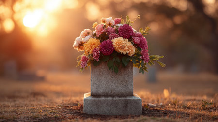 A stunning floral arrangement on a grave in a cemetery during sunset. The vibrant colors of the flowers create a serene and peaceful atmosphere, symbolizing remembrance.の素材
