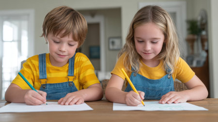 Two children happily drawing on blank sheets with colorful pencils while sitting at a sunny wooden table in a cozy home, showcasing creativity and concentration.の素材