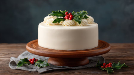 A beautifully crafted white cake adorned with holly leaves and red berries, perfect for holiday celebrations and festive gatherings, creating a warm, inviting atmosphere.の素材