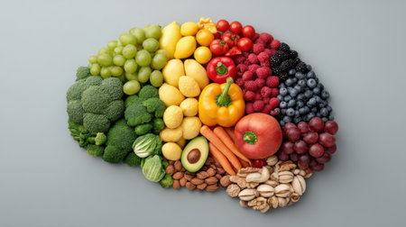 This vibrant image features a creative arrangement of fresh fruits and vegetables shaped like a brain, symbolizing health and nutrition in a visually striking manner.の素材