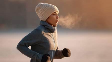 A woman jogs on icy ground during winter, wearing warm clothing. She exhales mist into the crisp early morning air, embodying fitness and determination.の素材