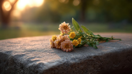 A delicate bouquet featuring pink and yellow flowers lies gracefully on a stone surface, illuminated by soft sunlight during golden hour, evoking a sense of tranquility.の素材