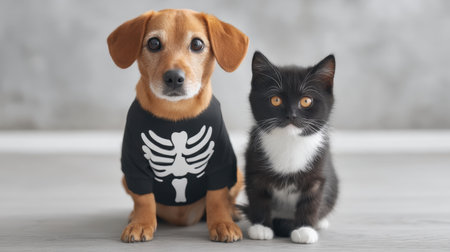 A heartwarming scene featuring a cute dog in a skeleton shirt and an adorable kitten, symbolizing the bond and joy shared by different pets in a cozy indoor setting.の素材
