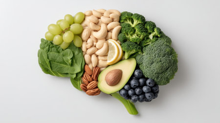 Colorful arrangement of fresh fruits and vegetables shaped like a brain, promoting healthy eating and the benefits of nutrition for mental and physical wellbeing.の素材