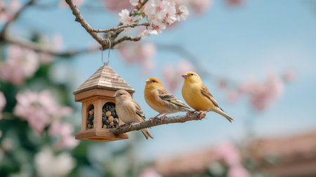 A serene scene featuring three yellow birds on a branch, enjoying seeds from a stylish bird feeder, surrounded by lovely cherry blossoms and a bright blue sky.の素材