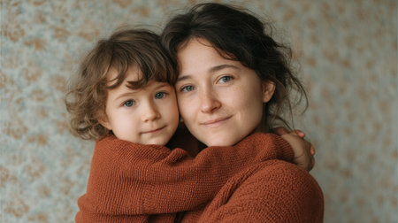 A heartwarming moment captured between a woman and her child, radiating love and warmth in cozy knit sweaters, set against a soft floral backdrop.の素材