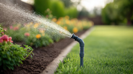A close-up view of a garden sprinkler watering a lush lawn with colorful flowers, perfect for showcasing gardening techniques and outdoor living inspiration.の素材