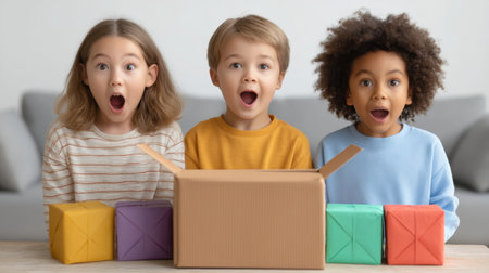 Three children express pure excitement and joy while unboxing colorful gifts in a cozy living room, showcasing the magic of childhood moments and celebrations.の素材