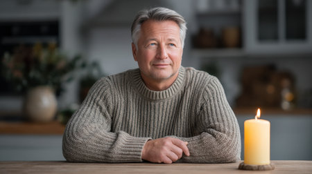 A serene portrait of a mature man wearing a gray sweater, sitting peacefully at a table with a glowing candle, creating a warm and inviting atmosphere in a cozy kitchen.の素材