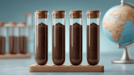 A captivating image showcasing four test tubes filled with soil samples on a wooden rack. A globe in the background highlights the importance of environmental science and natural exploration.の素材