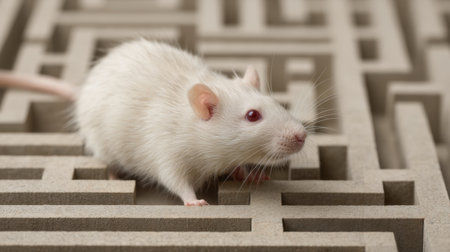 A white laboratory rat navigates a complex maze, highlighting its natural curiosity and intelligence. This image serves as a representation of animal behavior research in science.の素材