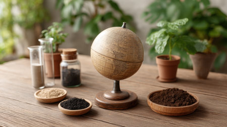 A rustic globe surrounded by soil samples and small plant pots on a wooden table, capturing the essence of nature, gardening, and sustainable living indoors.の素材