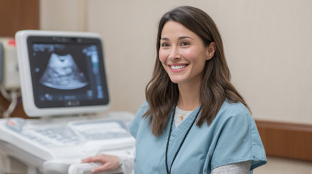 A joyful medical professional poses in a well-equipped ultrasound room, radiating warmth and care. This inviting healthcare setting captures the essence of compassionate patient service.の素材