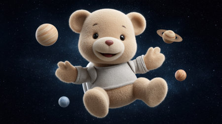 A charming plush teddy bear in an astronaut suit floats through a stunning cosmic landscape, surrounded by colorful planets and sparkling stars, perfect for children's imaginations.の素材