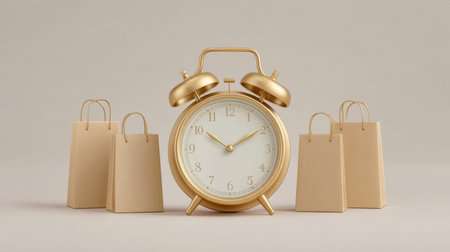 A vintage gold alarm clock is showcased next to paper shopping bags on a soft neutral background, illustrating a minimalist approach to time management and retail themes.の素材