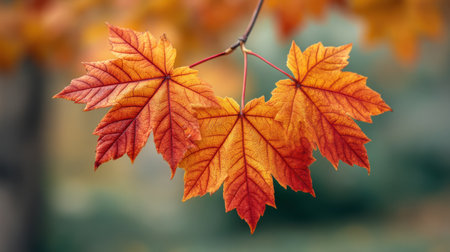 Captivating close-up of autumn leaves in vibrant shades of red and orange, showcasing the beauty of seasonal change and the rich colors of nature in a serene atmosphere.の素材