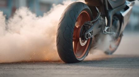 An exhilarating close-up image of a motorcycle tire spinning on asphalt, creating a dramatic cloud of dust and smoke, emphasizing speed and excitement in action.の素材