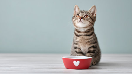 A playful striped kitten sits by a charming red bowl with a heart design. This delightful scene captures the essence of companionship and innocence in a cozy home setting.の素材