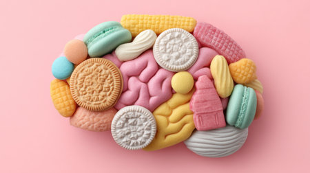 A whimsical depiction of a brain made from various colorful candies, showcasing creativity and imagination against a soft pink background in a playful arrangement.の素材