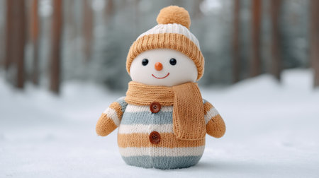 This charming snowman toy, with its cozy knitted outfit, brings a delightful winter vibe. Ideal for holiday decor or as a playful gift, it radiates warmth and joy.の素材