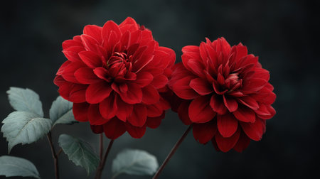 Two stunning red flower blossoms showcase rich layers of petals, creating a striking visual against a soft dark background. A perfect capture of nature's beauty.の素材