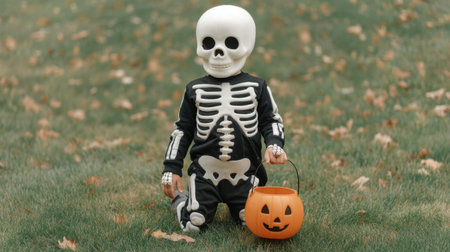 An adorable child dressed in a skeleton costume sits on lush grass, holding a bright orange pumpkin bucket, capturing the essence of Halloween festivities and childhood delight.の素材