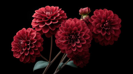A breathtaking display of red dahlias showcases rich colors and intricate petal designs against a striking black background, perfect for floral enthusiasts and art lovers.の素材