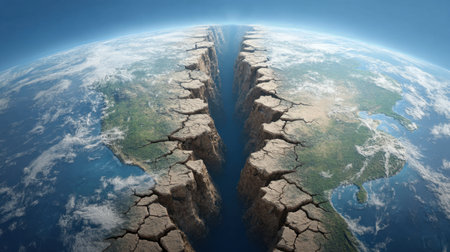 A captivating aerial view showcases Earth dramatically split apart, revealing cracks in the landscape under a vibrant blue atmosphere, highlighting nature's power.の素材