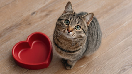 A charming tabby cat gazes eagerly beside a heart-shaped red bowl on a wooden floor, capturing the essence of companionship and love for pets in any design project.の素材